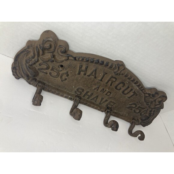 Vintage Cast Iron Sign Haircut and Shave 25¢ with 4 Hooks Antique- Heavy - Picture 3 of 5